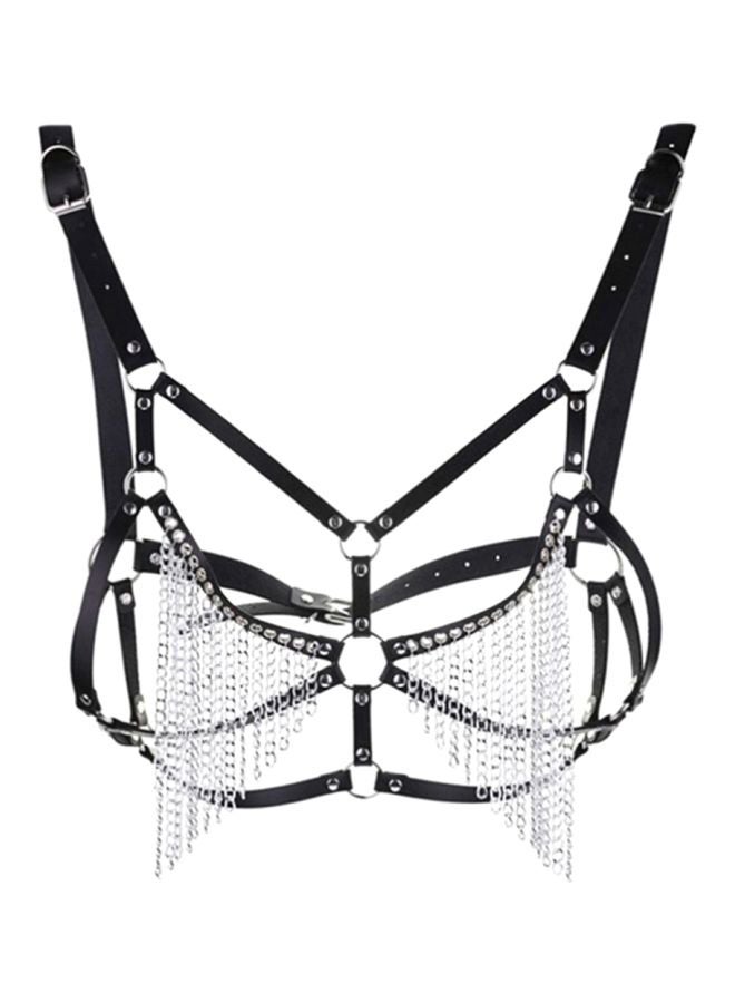 Faux Leather Chest Harness Chain Belt Black/Silver