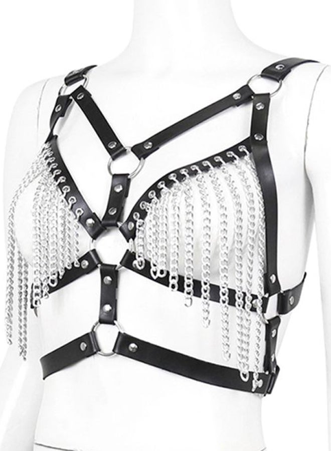 Faux Leather Chest Harness Chain Belt Black/Silver