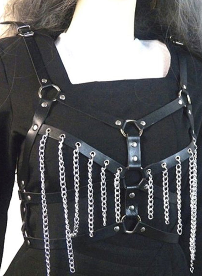 Faux Leather Chest Harness Chain Belt Black/Silver