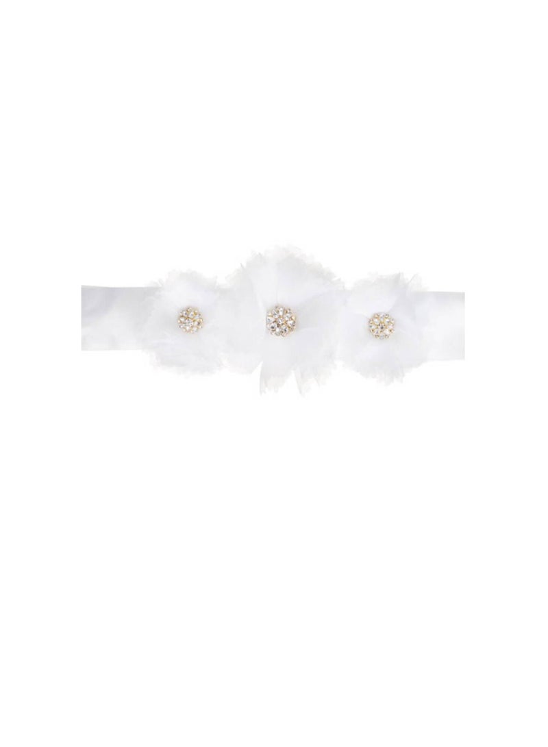 Wedding Dress Belts White Satin Sash w/Flower Embellishments