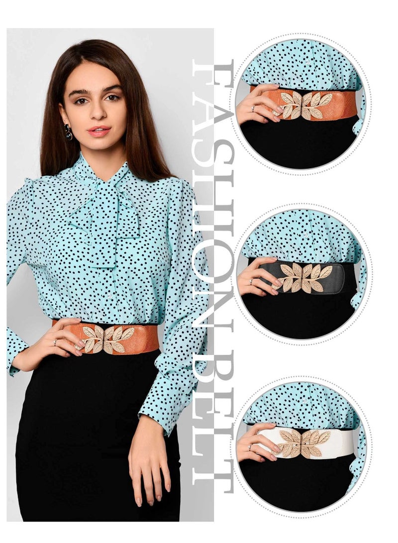 Womens Elastic Belt 3 Pcs Vintage Metal Leaf Buckle Wide Stretchy Retro Cinch Waistband Broad Belts for Women Ladies