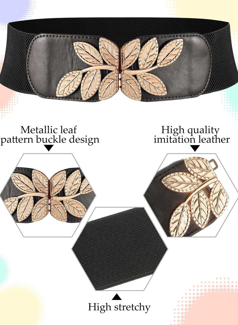 Womens Elastic Belt 3 Pcs Vintage Metal Leaf Buckle Wide Stretchy Retro Cinch Waistband Broad Belts for Women Ladies