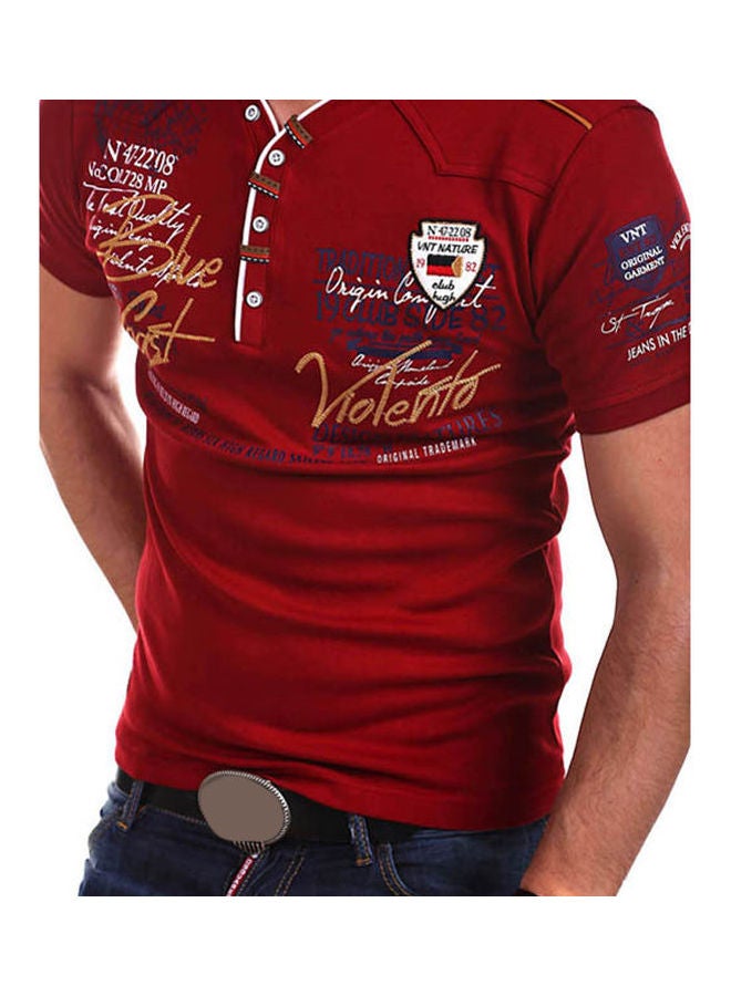 Letter Print Buttons V Neck Short Sleeve T-Shirt Red