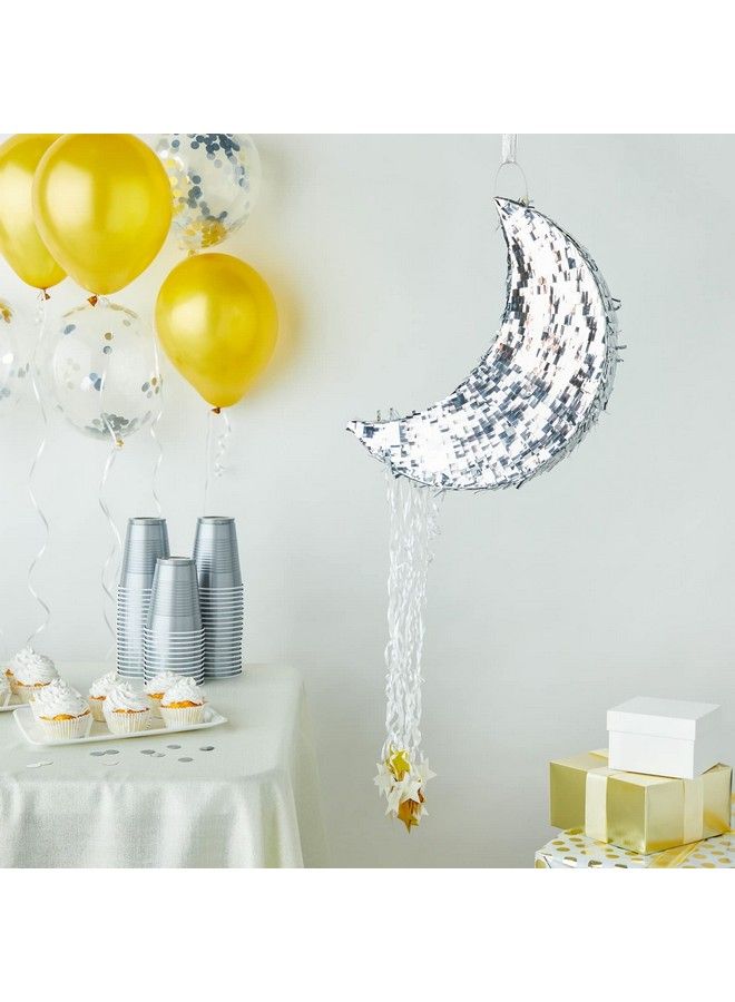 Pull String Crescent Moon Pinata For Birthday Party Bridal Shower Baby Shower Twinkle Twinkle Little Star Gender Reveal Party Decorations Silver Foil (17 X 11 X 3 In)