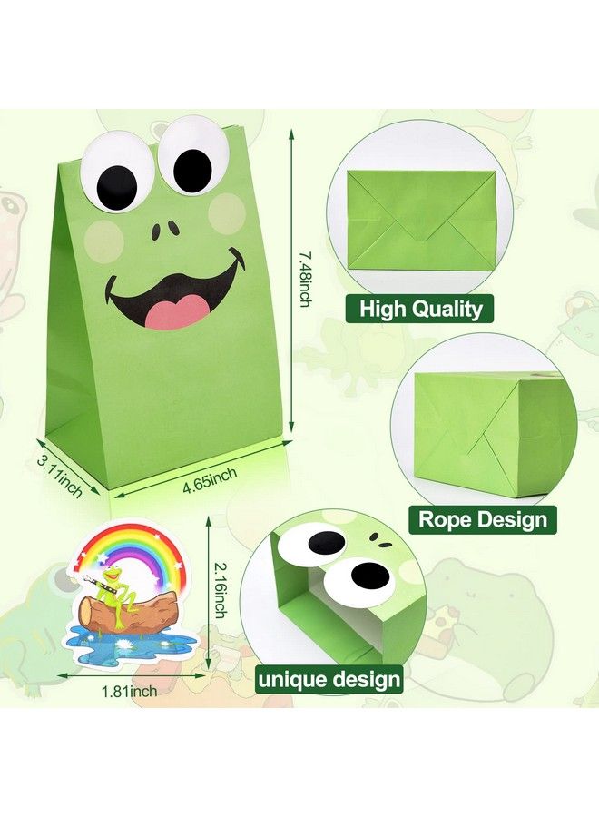 Frog Party Favor Supplies Set Include Frog Party Paper Bags Candy Gift Bag And Frog Stickers For Kids Animal Lover Cute Cartoon Shower Frog Themed Birthday Party Decorations Green(25)