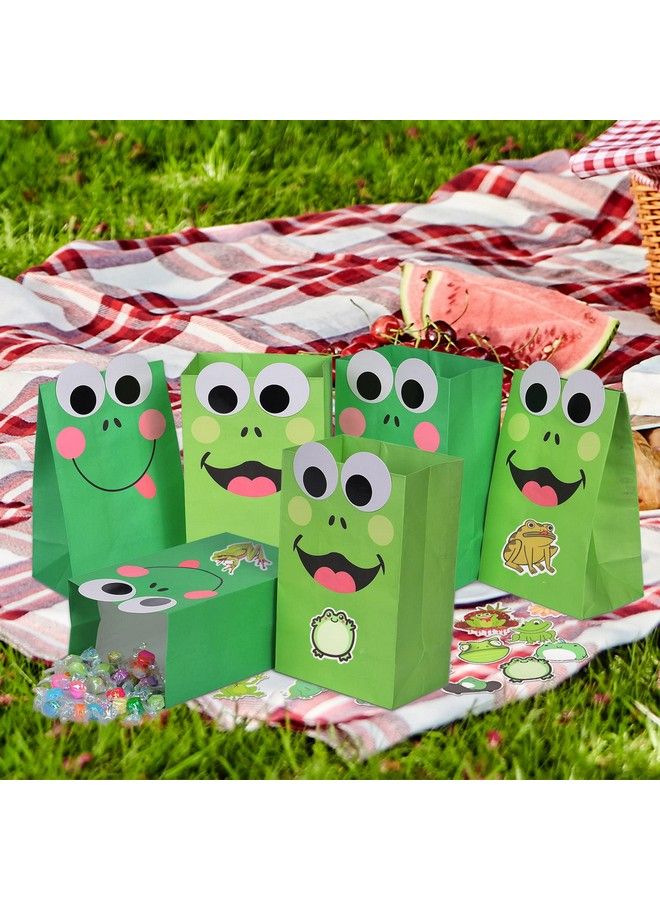 Frog Party Favor Supplies Set Include Frog Party Paper Bags Candy Gift Bag And Frog Stickers For Kids Animal Lover Cute Cartoon Shower Frog Themed Birthday Party Decorations Green(25)