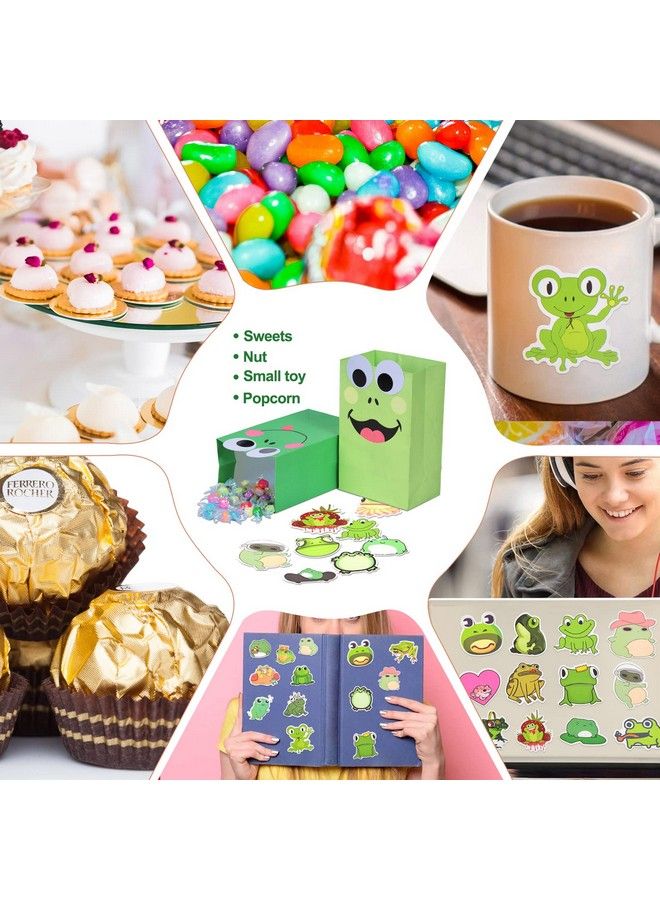 Frog Party Favor Supplies Set Include Frog Party Paper Bags Candy Gift Bag And Frog Stickers For Kids Animal Lover Cute Cartoon Shower Frog Themed Birthday Party Decorations Green(25)