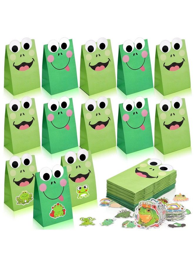 Frog Party Favor Supplies Set Include Frog Party Paper Bags Candy Gift Bag And Frog Stickers For Kids Animal Lover Cute Cartoon Shower Frog Themed Birthday Party Decorations Green(25)