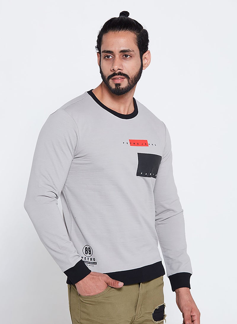 Round Neck Printed Long Sleeve Sweatshirt Grey