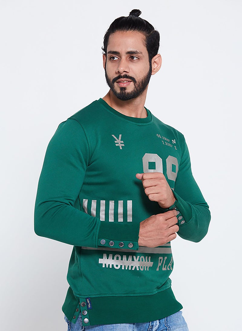Printed Long Sleeve Side Button Sweatshirt Green