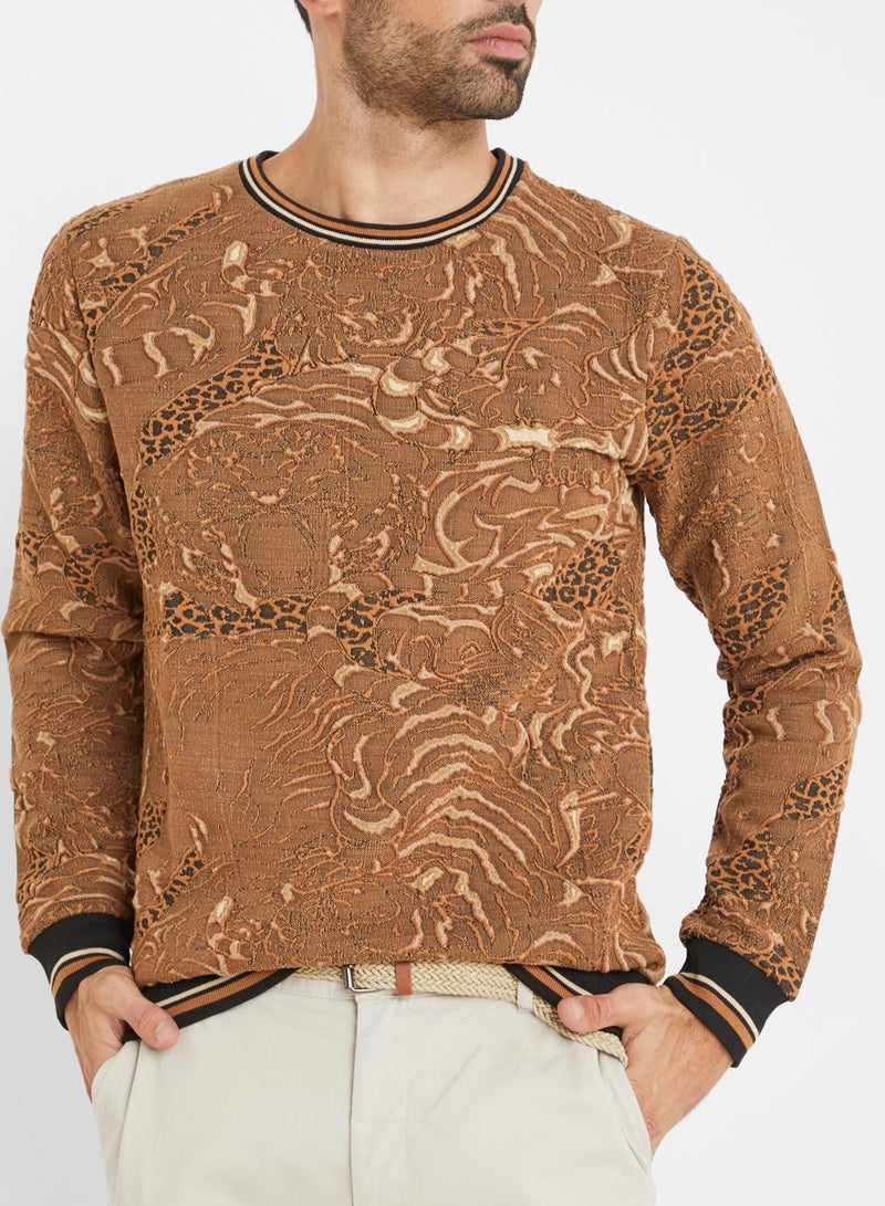 Multi Textured Crew Neck Sweatshirt Brown