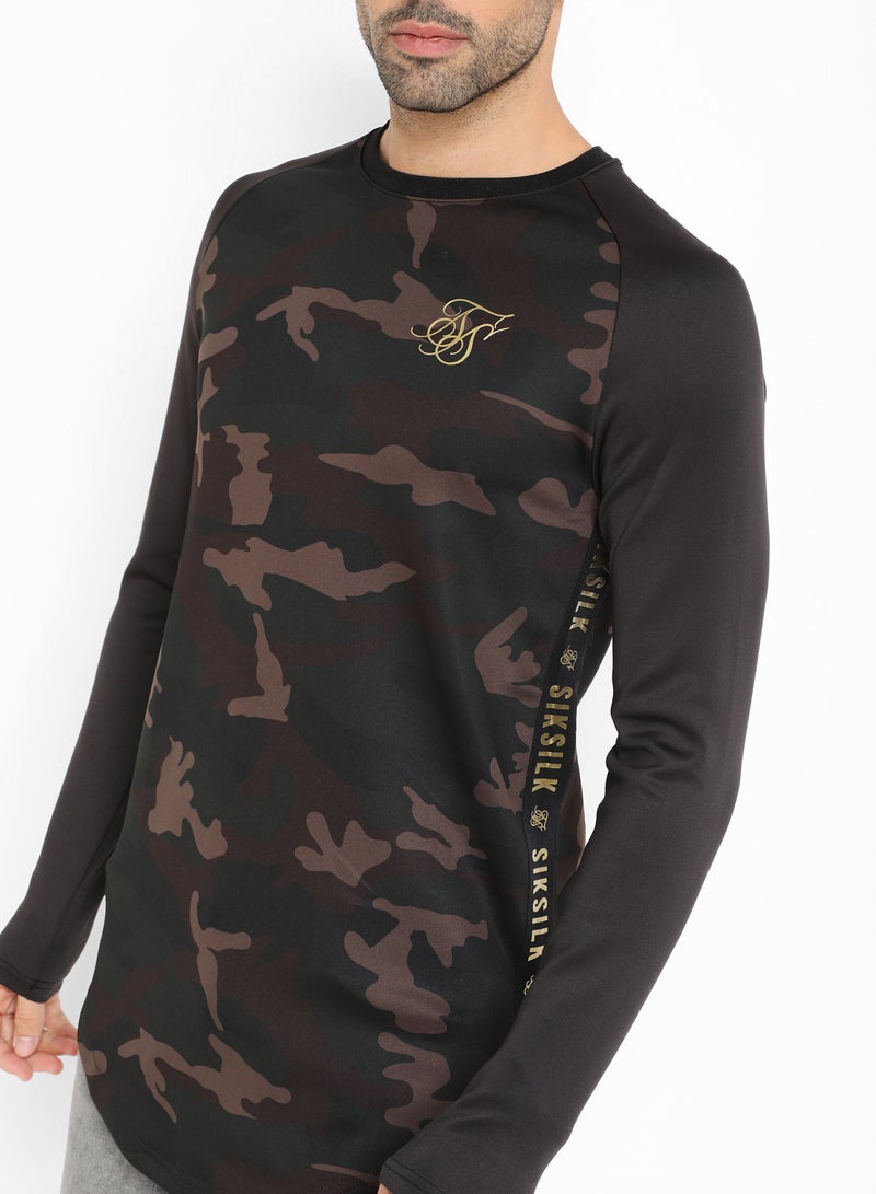 Crew Neck Raglan Sleeve Camo Print T-Shirt Black / Camo