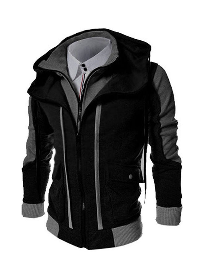 Slim Fit Stand Casual Hooded Jacket Black/Silver