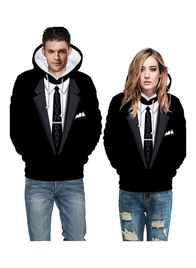 Printed Fake Tie Suit Design Hoodie Black/White