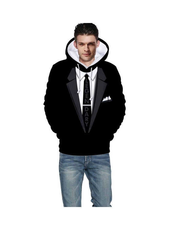 Printed Fake Tie Suit Design Hoodie Black/White