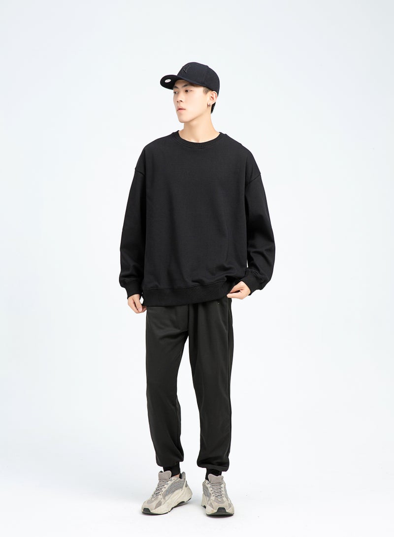 Squality Solid Color Hoodie Loose Long-Sleeved Top Black