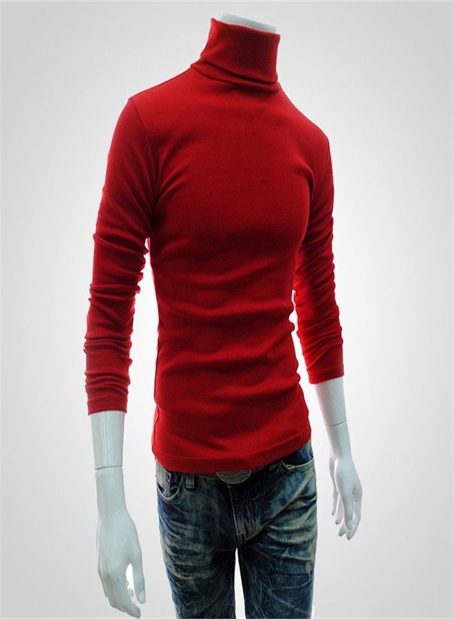 Men's Large High Collar Solid Pullover Long Sleeved Sweater Red