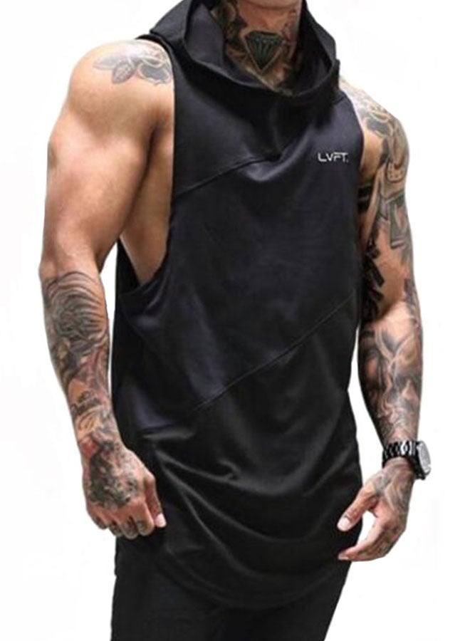 Cowl Neck Tank Top With Hood Black