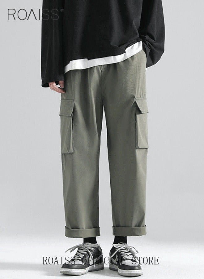 Men's Ankles-tied Loose Straight Cargo Pant Multi-Pocket Polyester Cargo Pants Wide Leg Pants