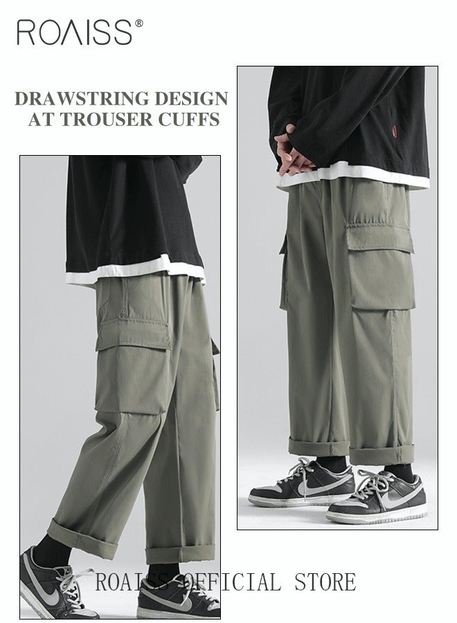 Men's Ankles-tied Loose Straight Cargo Pant Multi-Pocket Polyester Cargo Pants Wide Leg Pants