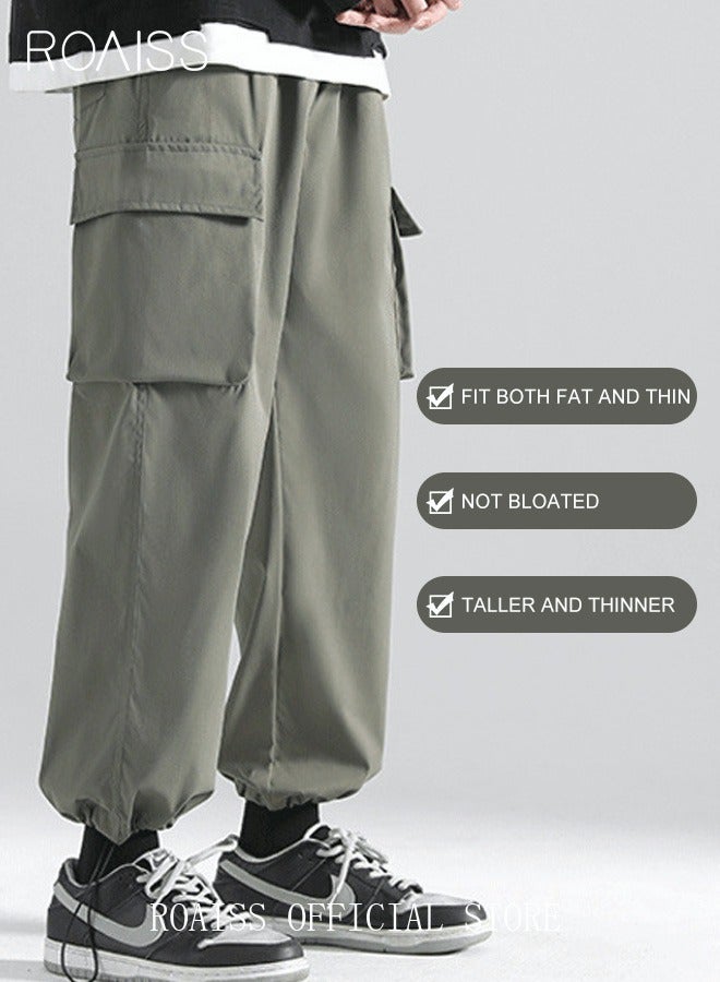 Men's Ankles-tied Loose Straight Cargo Pant Multi-Pocket Polyester Cargo Pants Wide Leg Pants