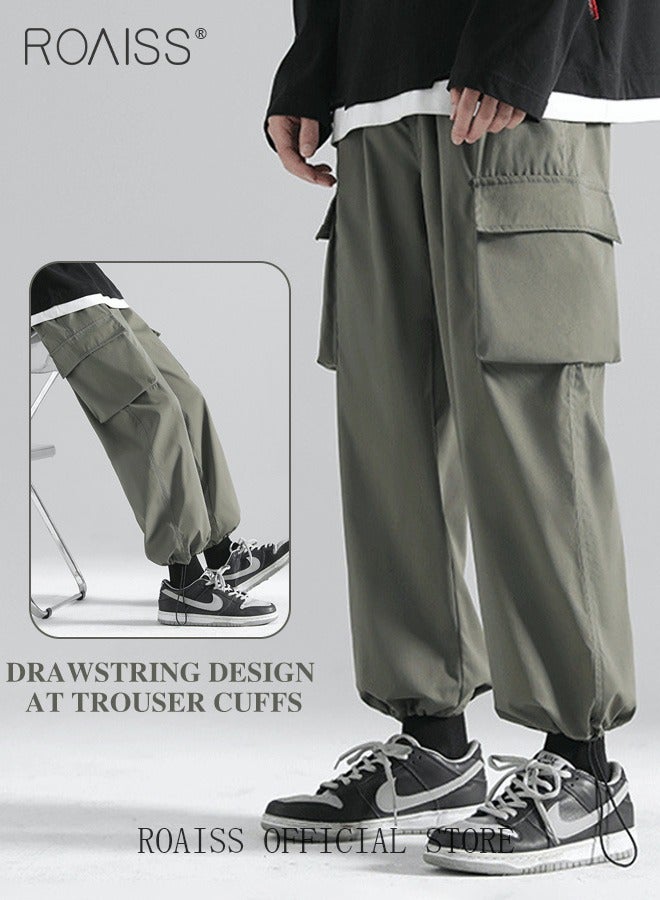 Men's Ankles-tied Loose Straight Cargo Pant Multi-Pocket Polyester Cargo Pants Wide Leg Pants