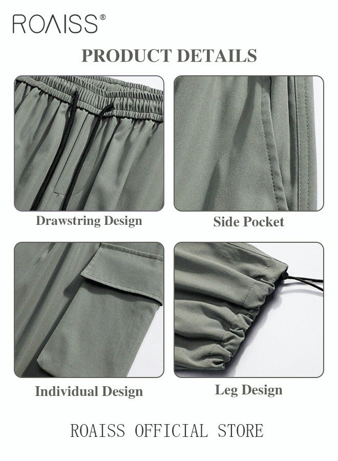 Men's Ankles-tied Loose Straight Cargo Pant Multi-Pocket Polyester Cargo Pants Wide Leg Pants