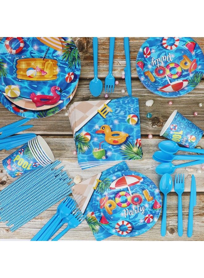 93 Pcs Summer Pool Party Supplies Tableware Set Serves 8 Pool Party Decorations Includes Pool Party Plates Napkins Straws Spoons Forks Cups For Hawaiian Beach Birthday Party Decorations