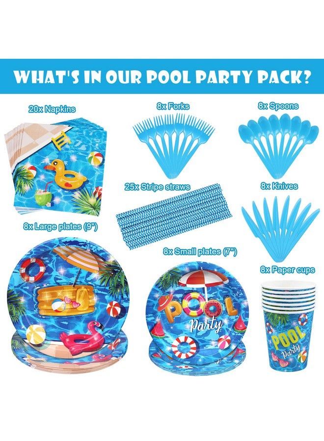 93 Pcs Summer Pool Party Supplies Tableware Set Serves 8 Pool Party Decorations Includes Pool Party Plates Napkins Straws Spoons Forks Cups For Hawaiian Beach Birthday Party Decorations