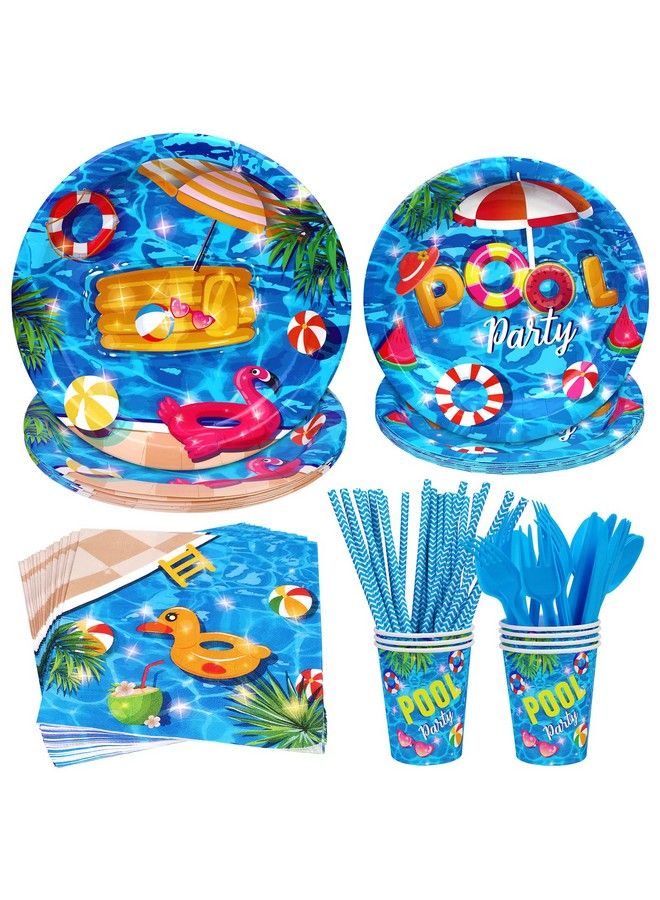 93 Pcs Summer Pool Party Supplies Tableware Set Serves 8 Pool Party Decorations Includes Pool Party Plates Napkins Straws Spoons Forks Cups For Hawaiian Beach Birthday Party Decorations