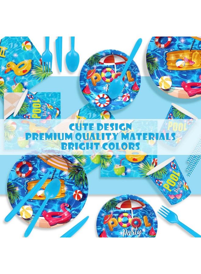 93 Pcs Summer Pool Party Supplies Tableware Set Serves 8 Pool Party Decorations Includes Pool Party Plates Napkins Straws Spoons Forks Cups For Hawaiian Beach Birthday Party Decorations