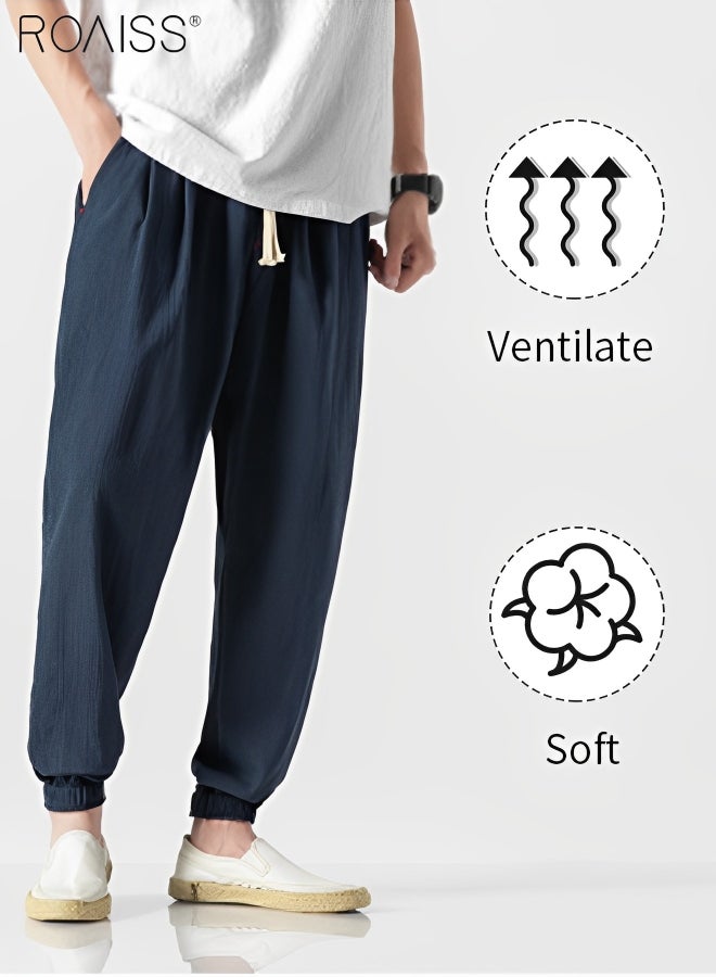 Men's Casual Cotton Linen Lantern Pants Fashion Loose Fitting Breathable Casual Pants Waist Tightening Lace Up Daily Harlan Pants