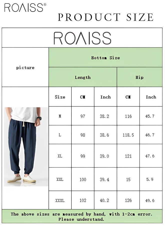 Men's Casual Cotton Linen Lantern Pants Fashion Loose Fitting Breathable Casual Pants Waist Tightening Lace Up Daily Harlan Pants