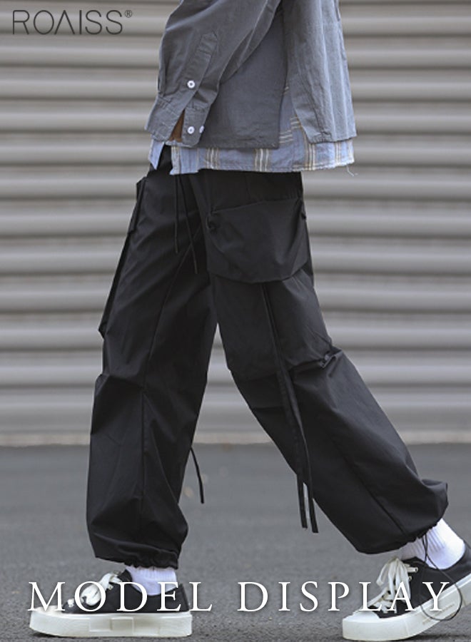 Men Cargo Pants Ribbon Hip Hop Jogging Pants Male Casual Streetwear Harem Trousers Pockets New Elastic Waist Sweatpants