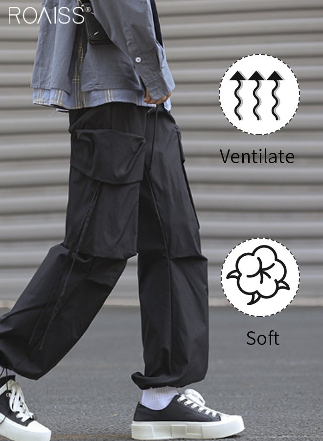 Men Cargo Pants Ribbon Hip Hop Jogging Pants Male Casual Streetwear Harem Trousers Pockets New Elastic Waist Sweatpants