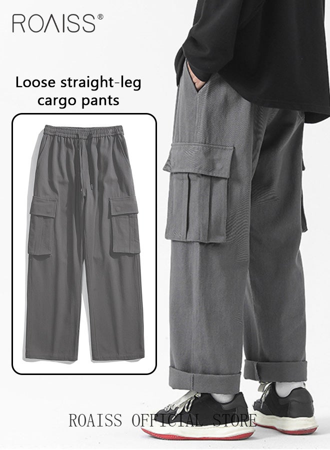 Casual Cargo Pants for Men Youth Trendy Loose Fit Straight Leg Long Pants Functional Streetwear Overalls Trousers with Multi Pockets Street Style Functional Streetwear