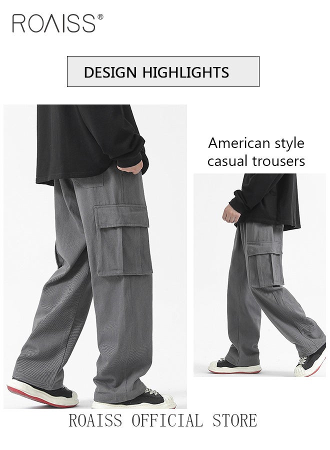 Casual Cargo Pants for Men Youth Trendy Loose Fit Straight Leg Long Pants Functional Streetwear Overalls Trousers with Multi Pockets Street Style Functional Streetwear