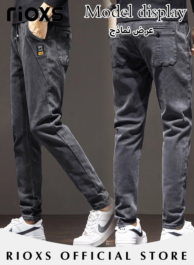 Men's Denim Pants,Slim Fit Jeans With Tight Legs For Men,Teens Harlan Casual Long Pants,Elastic Waist Jeans,Drawstring Denim Pants With 4 Pockets,Comfy Mid-Rise Trousers For Daily Wear