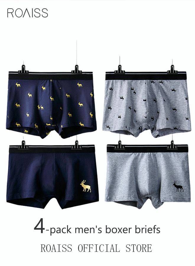4 Pack Set Men's 95% Cotton Boxers Shorts Briefs Breathable Soft Underpants Summer High Elastic Classic Elk Pattern Printing Teenager Underwear