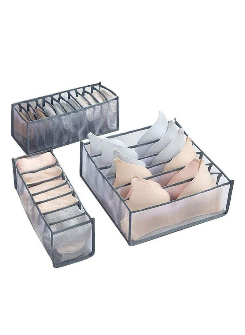 Underwear Storage Organizer, 3Pcs Drawer Organiser Foldable Box Compartment, Multi-Grid Cabinet Organizers Divider for Organizing Bras, Socks,Ties, Belts