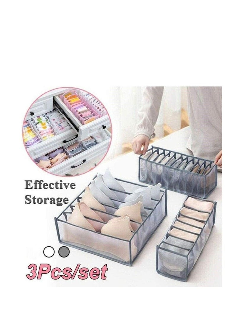 Underwear Storage Organizer, 3Pcs Drawer Organiser Foldable Box Compartment, Multi-Grid Cabinet Organizers Divider for Organizing Bras, Socks,Ties, Belts