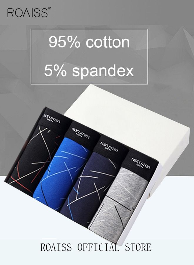 Set of 4 Men's 95% Cotton Boxer Shorts Breathable Soft Underwear Summer High Stretch Seamless Underwear