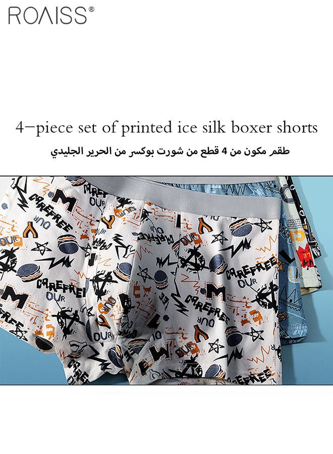 4-Piece Men's Printed Underwear Thin Ice Silk Smooth Texture Honeycomb Structure Inner Crotch Elastic Underwear