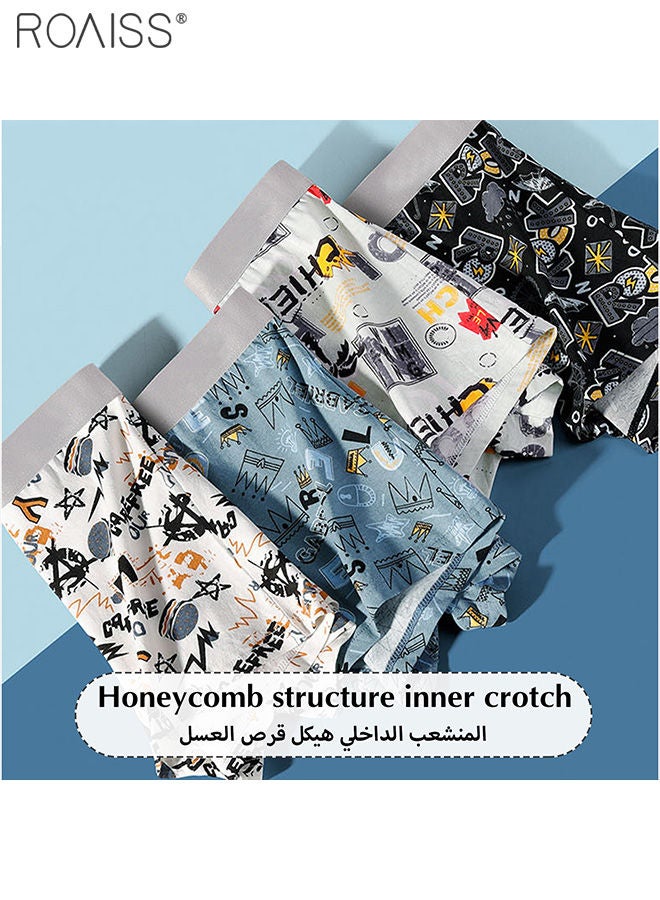 4-Piece Men's Printed Underwear Thin Ice Silk Smooth Texture Honeycomb Structure Inner Crotch Elastic Underwear