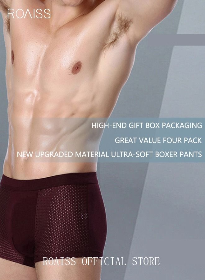 4 Pack Set Men's Mesh Boxers Shorts Briefs Quick-drying Modal Breathable Soft Underpants Summer Cool High Elastic Teenager Classic Underwear Black+Grey+Purple+Blue