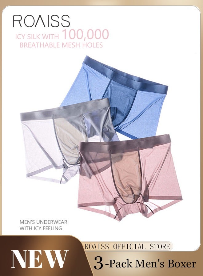 3 Pack Set Men's Boy's Boxers Shorts Briefs Seamless Cool Breathable Soft Underpants Summer Ice Silk Elastic Large Size Classic Underwear Blue+Light Grey+Bean Paste Red