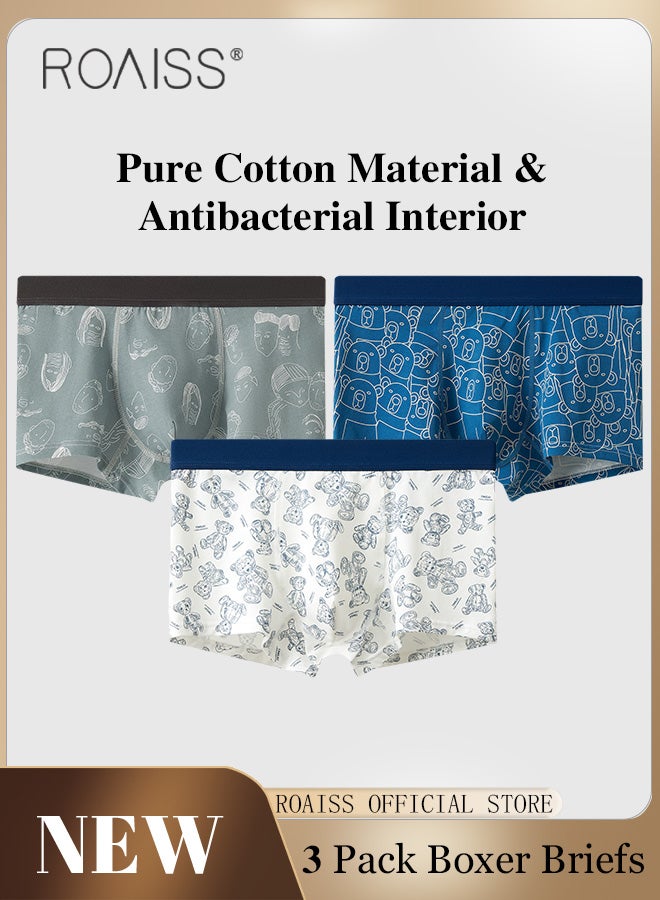3 Pack Boxer Briefs for Men Youth Boxer Mid Waist Pure Cotton Underwear Cotton Antibacterial Crotch Men's Shorts