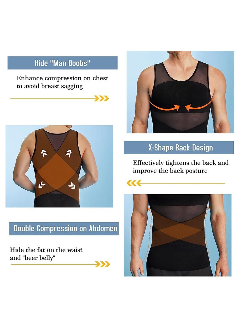 Compression Shirts for Men Slimming, Workout Mesh Tank Top Undershirts Shapewear Tight Tummy Underwear, Sleeveless Slimming Vest Men, Black - XL Size