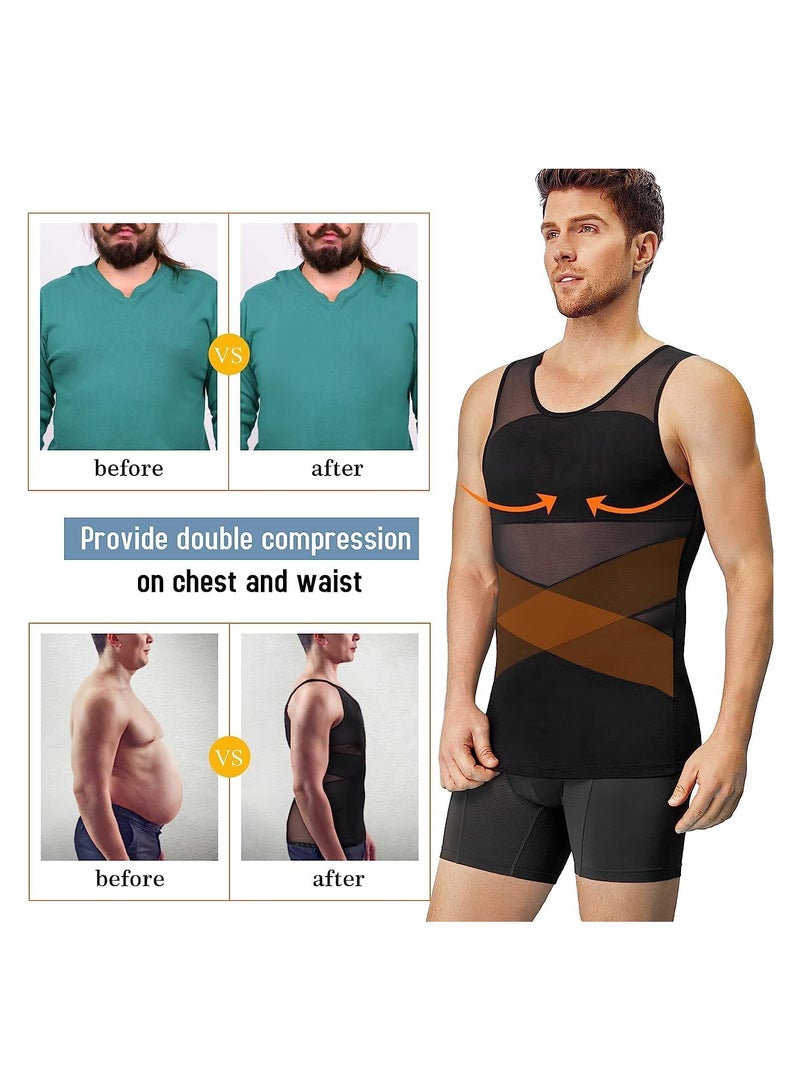 Compression Shirts for Men Slimming, Workout Mesh Tank Top Undershirts Shapewear Tight Tummy Underwear, Sleeveless Slimming Vest Men, Black - XL Size