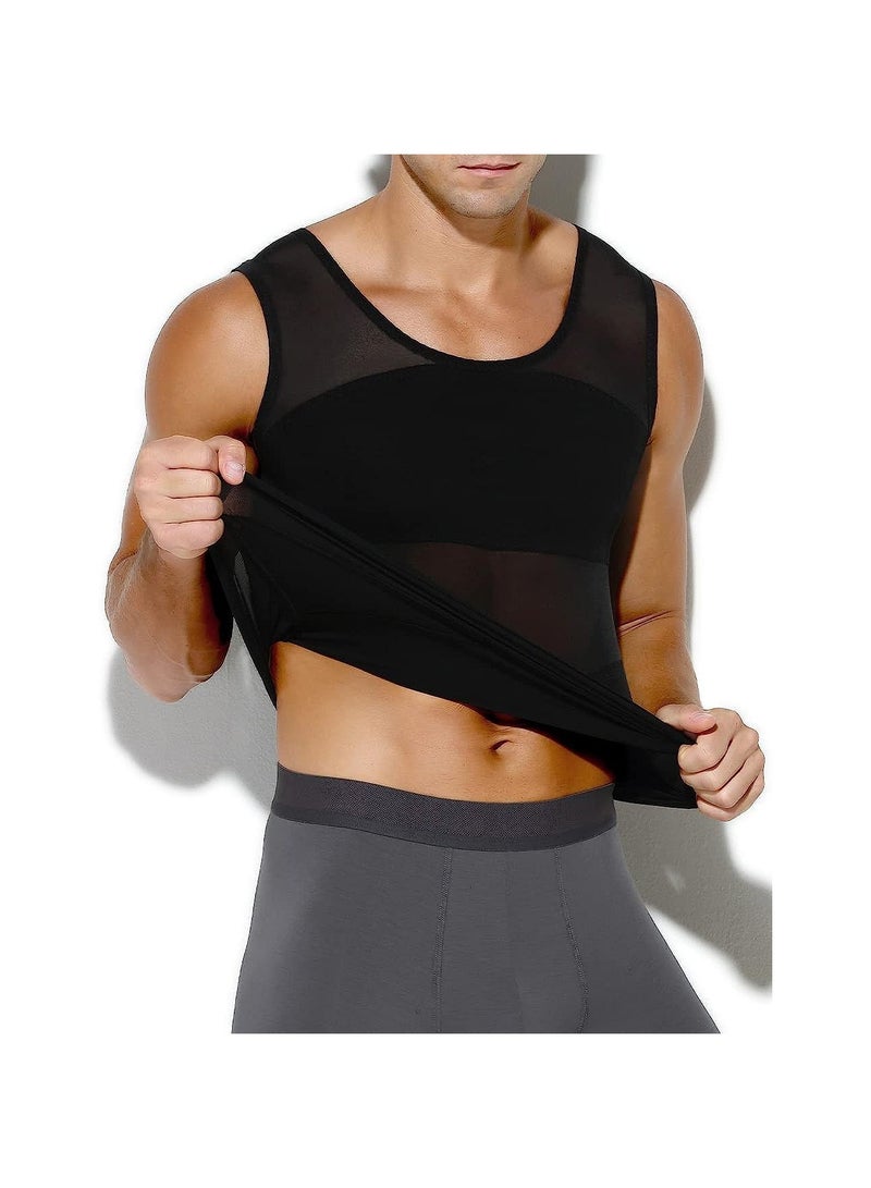Compression Shirts for Men Slimming, Workout Mesh Tank Top Undershirts Shapewear Tight Tummy Underwear, Sleeveless Slimming Vest Men, Black - XL Size